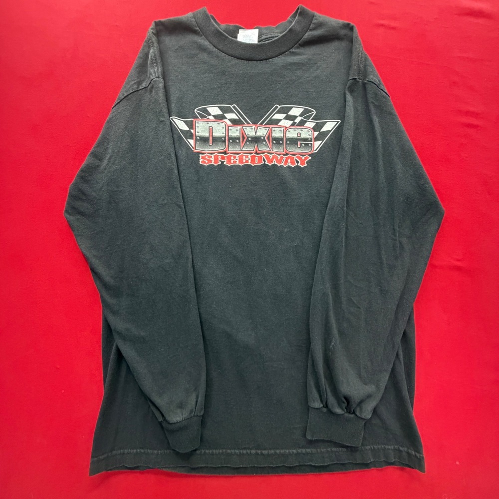 Vintage Y2K Dixie Speedway Racing Long Sleeve Graphic Tee Shirt Black Mens L